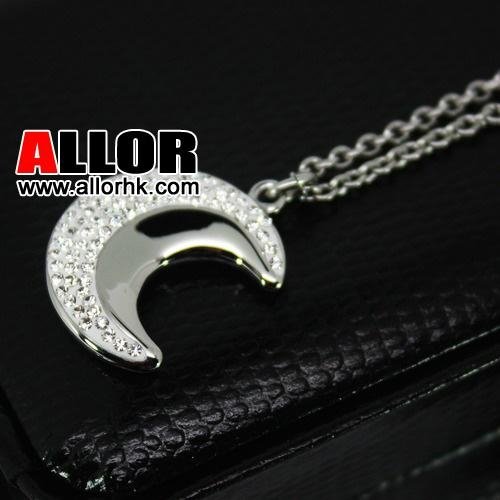 Moon design pendant stainless steel necklace with crystal setting. 2