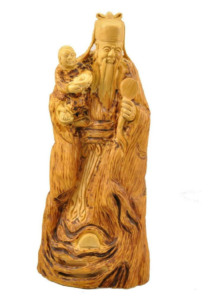 Boxwood hand carved Three Longevity God Buddha Statue 3