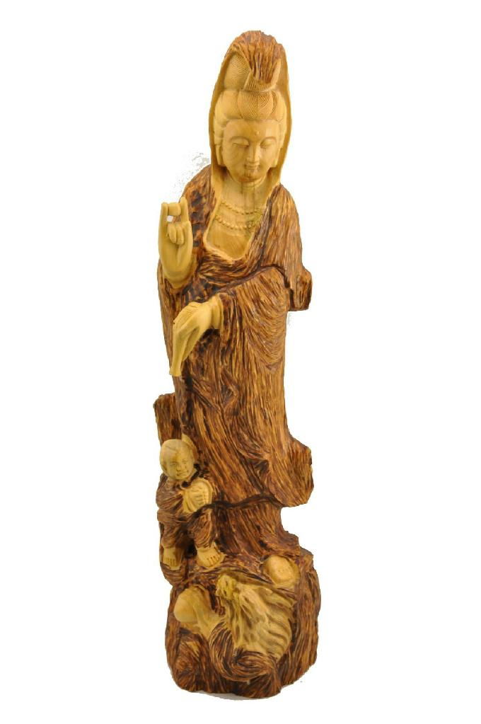 Boxwood hand carved Kwan yin sending child statue