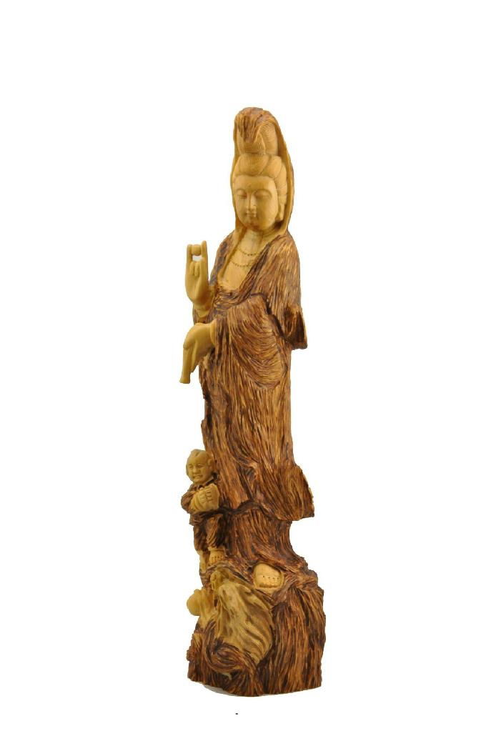 Boxwood hand carved Kwan yin sending child statue 2