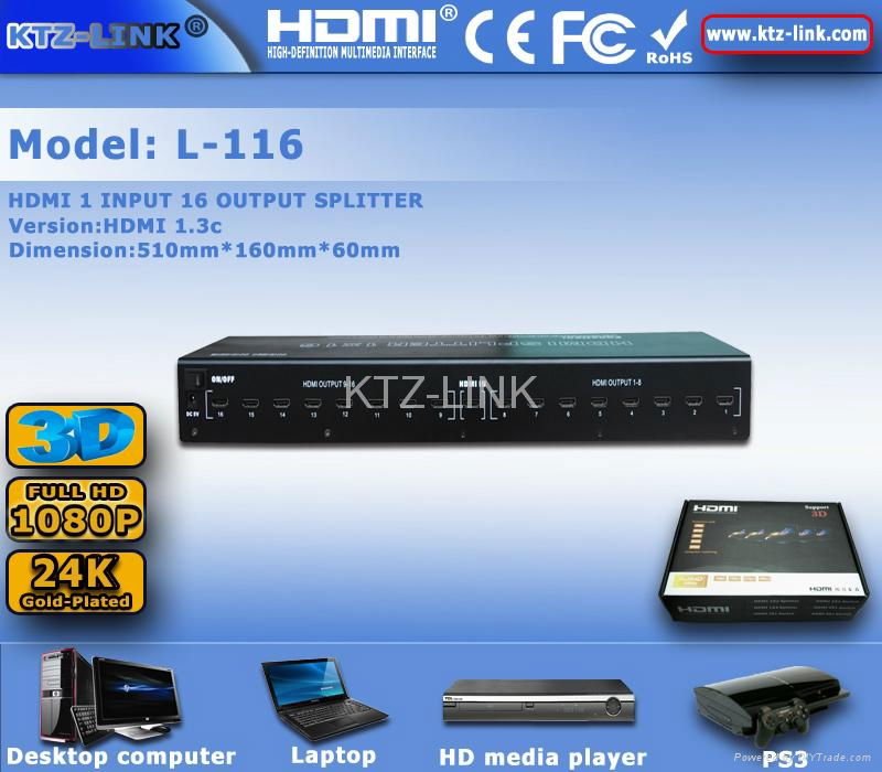 HDMI Splitter 1*16 1 input 16 outputs support 3d 1080P 2