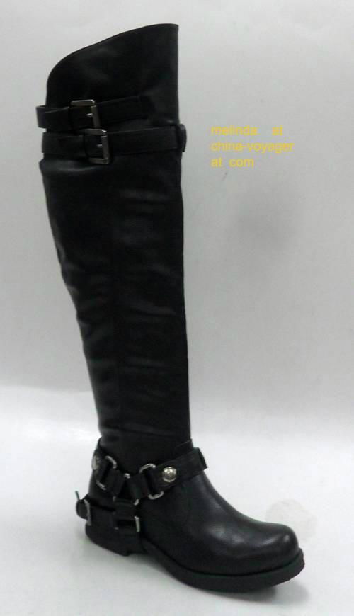 Flat thigh high black boots with buckles