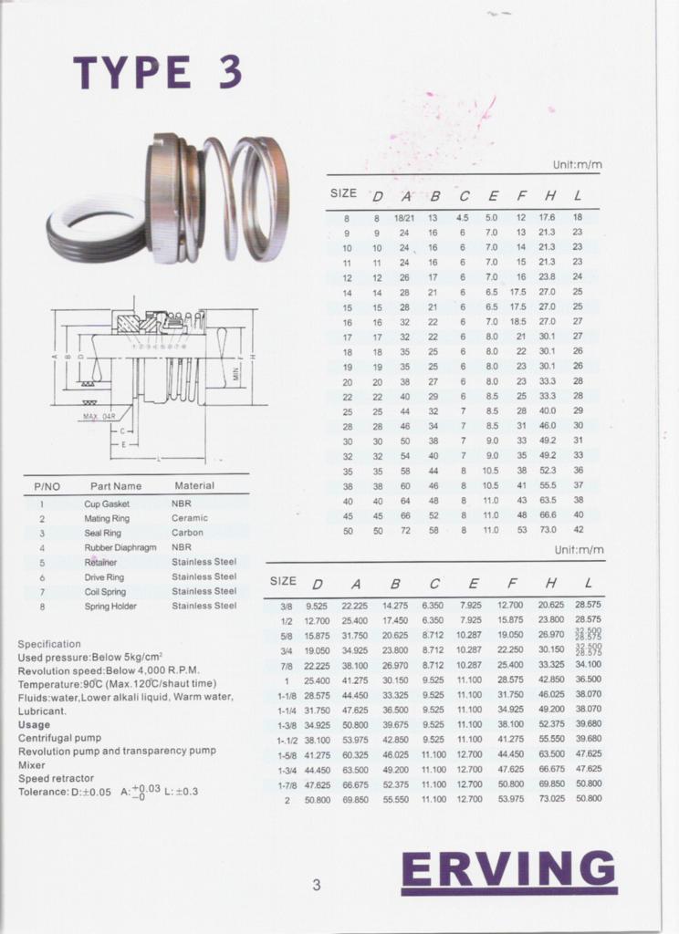 Mechanical SealsType 3 Erving seal (Taiwan Manufacturer) Hydraulic