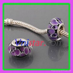 Black silver plated core glass bead PGB546 with purple flowers