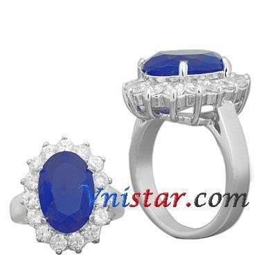 Rhodium plated royal ring VSR003-6 with clear and blue sapphire CZ stones