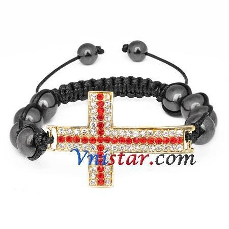 Wholesale cross bead macrame bracelet SBB293-6 with clear and red stones