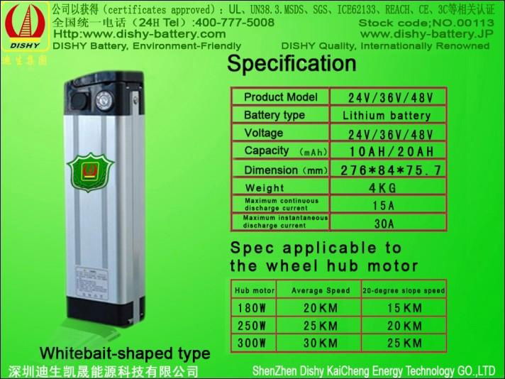 24V 20AH Lithium/Li ion E bike battery powered bicycle(Whitebait shape) 