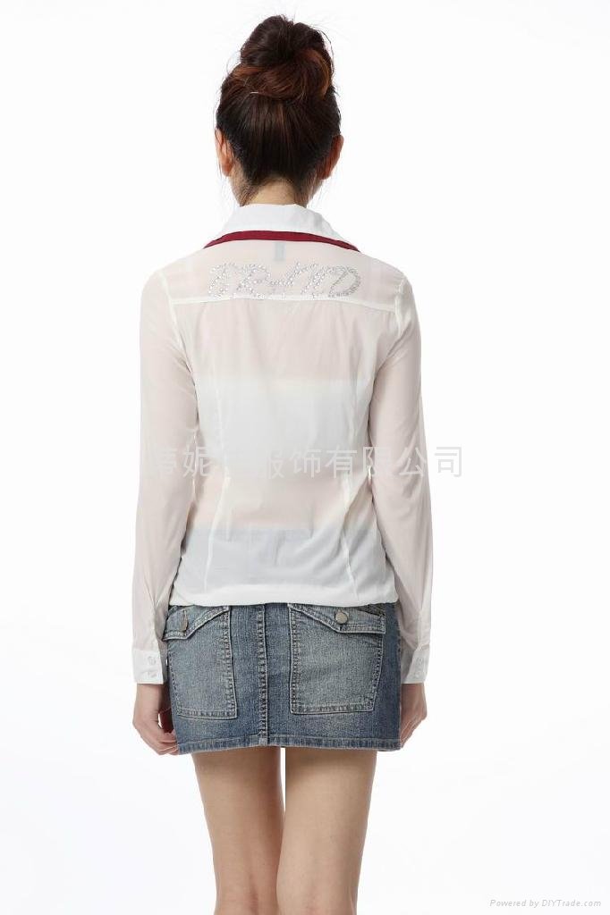 韓國女裝批發雙層領襯衣燙鑽字母純白雪紡長袖襯衫 2