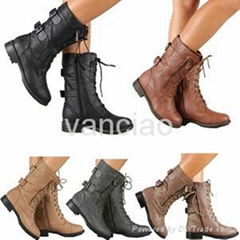 Womens Combat Military Boots Lace Up with Buckle and side zipper closure.