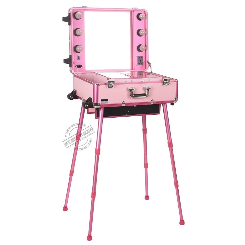 粉色专业带灯带镜子拉杆化妆箱可折叠式台