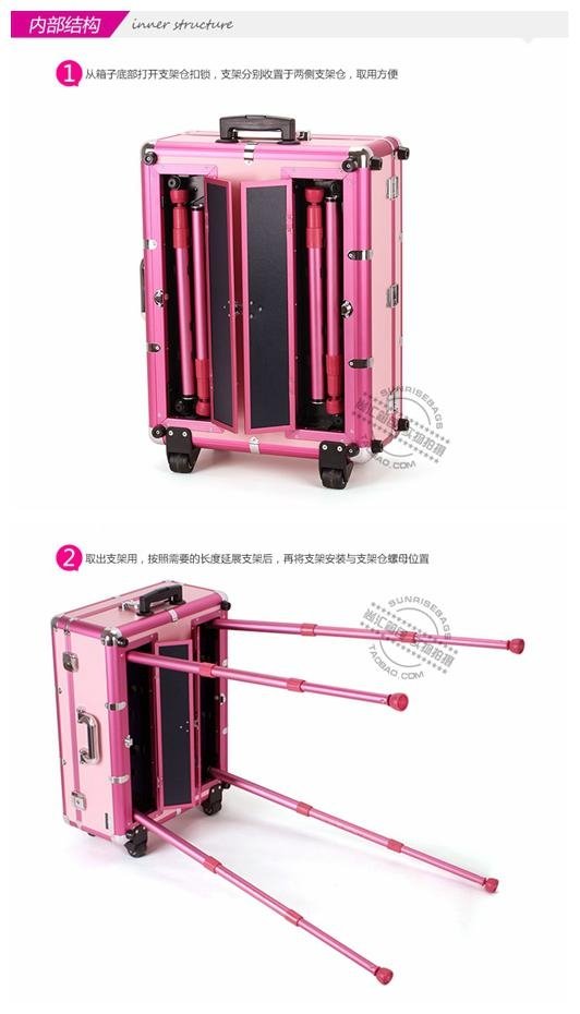 粉色专业带灯带镜子拉杆化妆箱可折叠式台 5