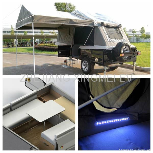  camp trailer with LED strips near the mattress and switch included 