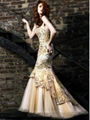 Vintage Floor-length Organza Gold Prom Dresses free shipping 1