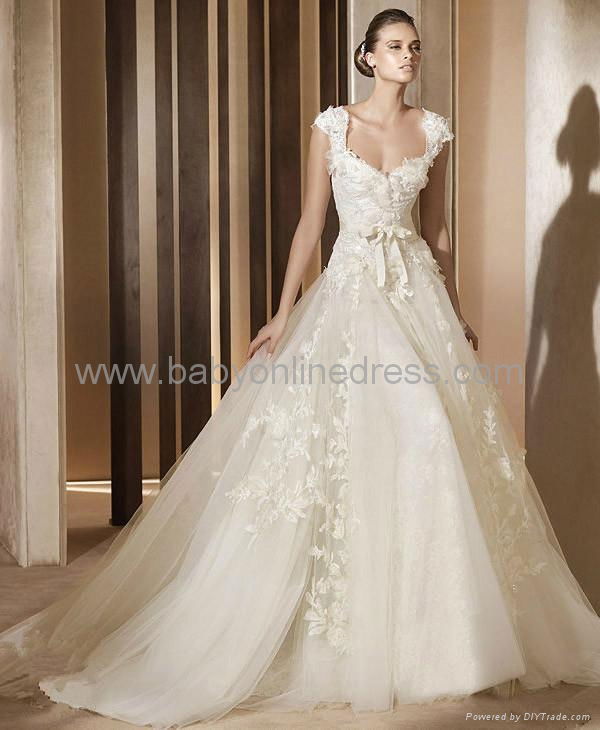 A-Line Cap Sleeve Lace Taffeta Wedding Dress