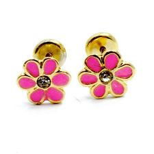 Gold 18k GF Austrian Crystal Earrings Pink Flower High Security Girl Baby Kids 