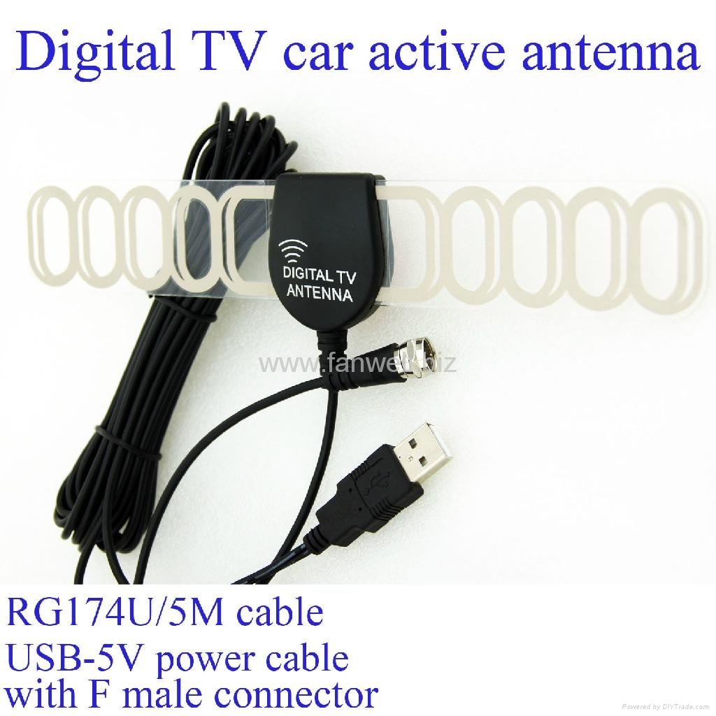 DVB TV car active antenna with 12V power with USB-F connector with RG174U/5m 