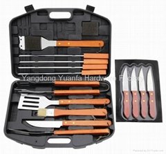 15pcs Wooden Handle BBQ tools set with 4 steak knives 