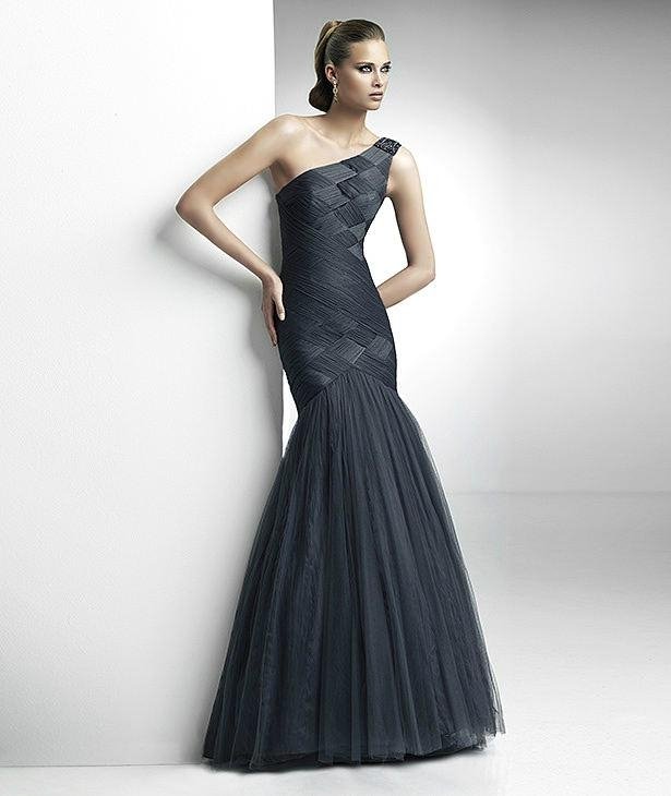 2012 Alluring Mermaid Black Organza One Shoulder Evning dress