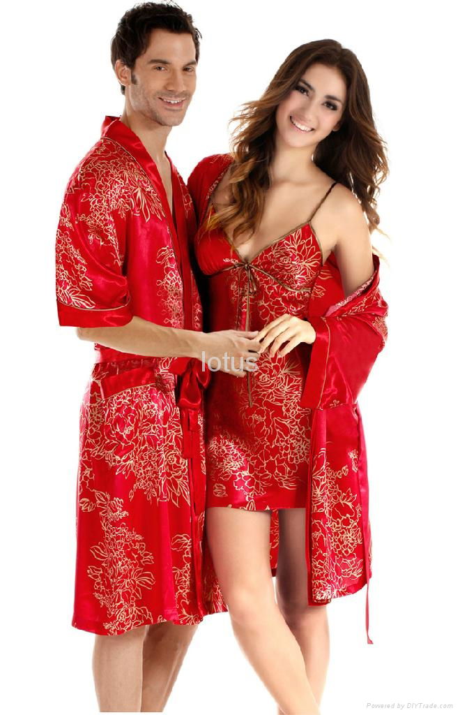 Male silk sleepwear short-sleeve robe plus size red lounge lovers sleepwear