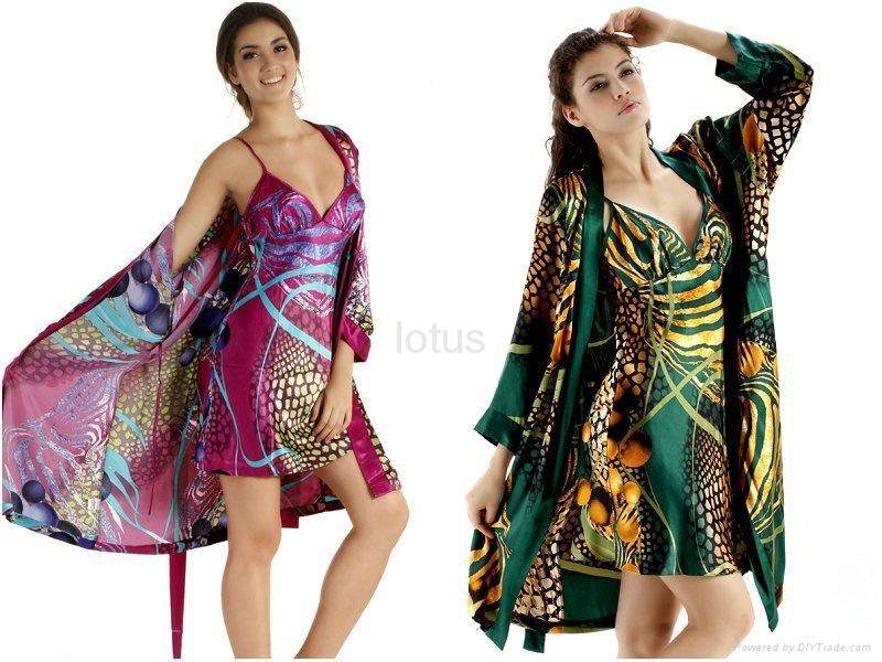 Spring and summer silk sleepwear female sexy long-sleeve robe 2 piece set