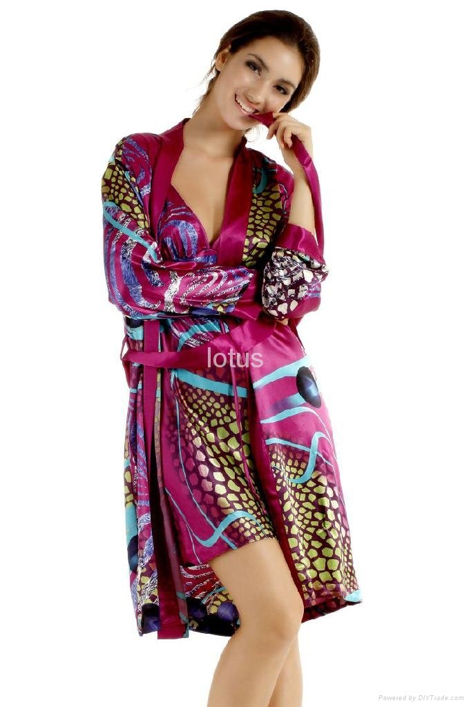 Spring and summer silk sleepwear female sexy long-sleeve robe 2 piece set 3