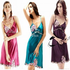 silk female sexy adjustable spaghetti strap lace low V-neck dress