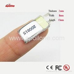  	the smallest li-polymer battery 3.7V with the size 2*8*15mm on sale