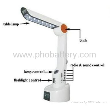 Solar desk Lamp with Radio LED flashlight, Powered by: solar/crank dynamo/PC USB