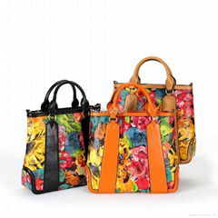 Korea Flower Print Genuine Leather Fashion Women Tote bag