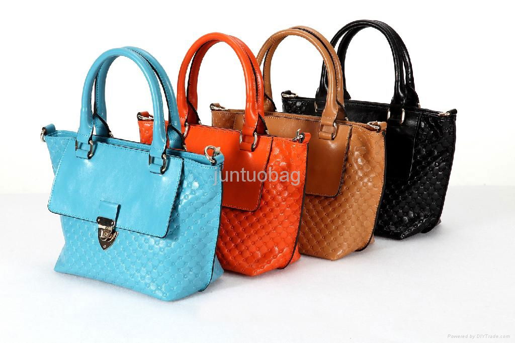 Candy Color Embossed Real Leather women Tote and shoulder Bag