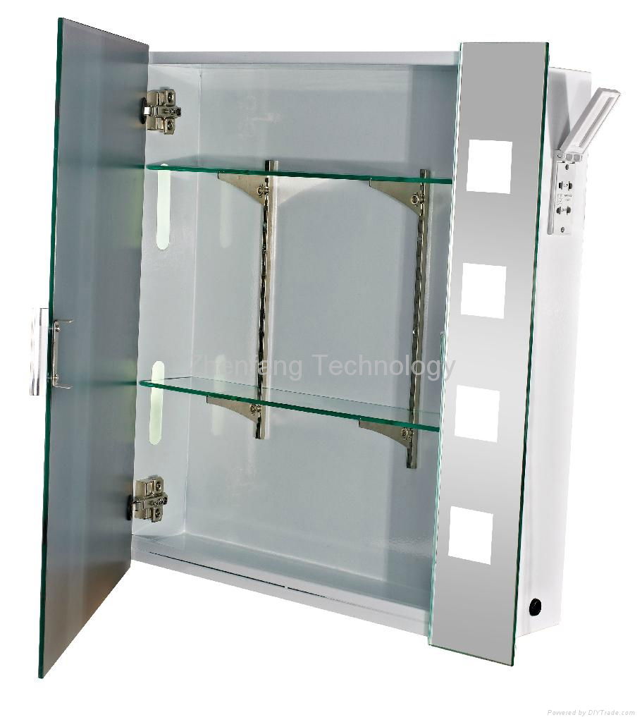 Illuminated mirror cabinet with four small square light windows at each side 2