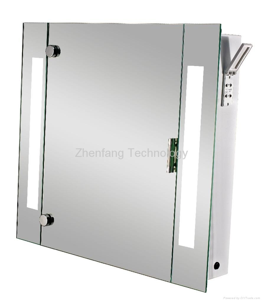 Backlit mirror cabinet with four small square light windows at each side