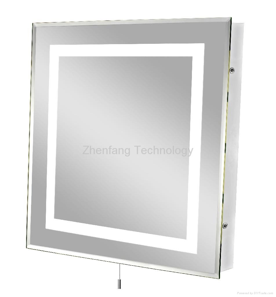 Illuminated bathroom mirror with picture frame perimeter light band