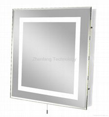 Illuminated bathroom mirror with picture frame perimeter light band