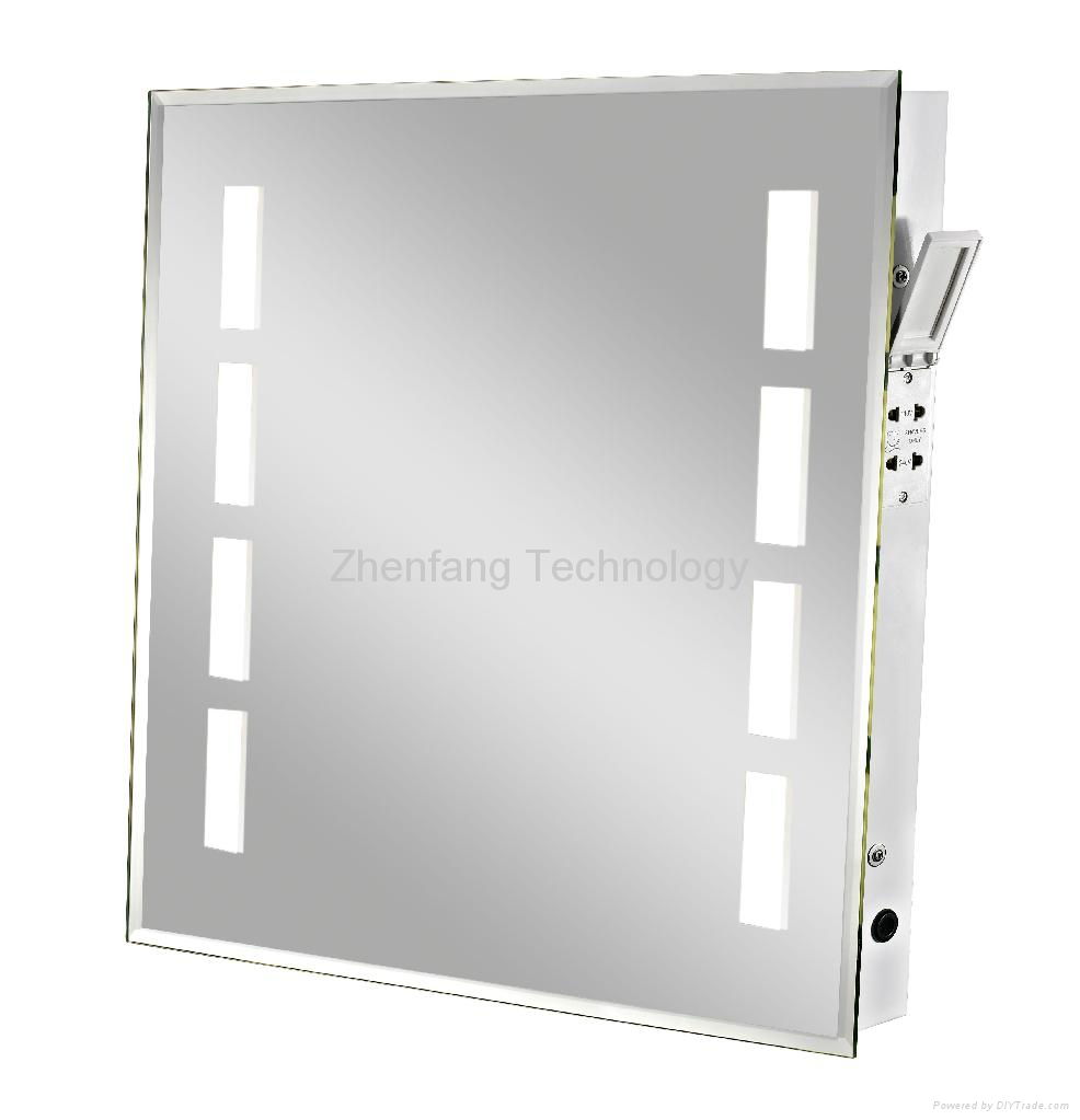 Backlit mirror with four small rectangular light windows at each side
