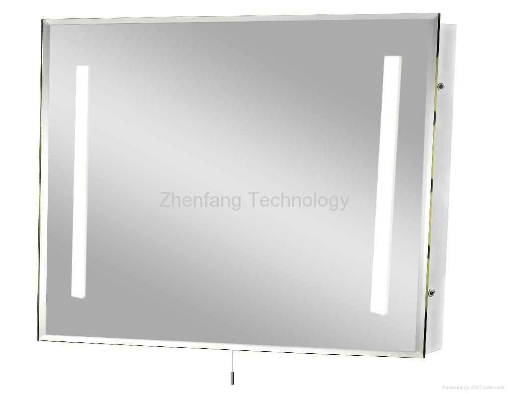 Backlit bath mirror with one rectangular light strip at each side 2