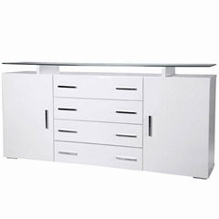 BN WHITE HIGH GLOSS SIDEBOARD CUPBOARD 4 DRAWERS 2 DOORS CABINET GLASS TABLE TOP