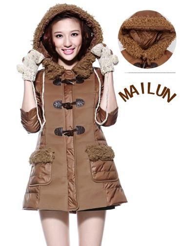 WOMEN DOWN JACKET WITH HOOD DECORATE WITH LAMB WOOL