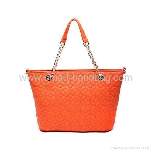 Large Orange PU Quilted Tote Bag for Women