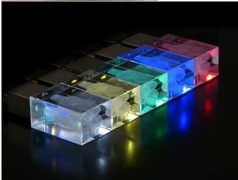 Crystal usb stick with logo lase inside with colorful led lights 