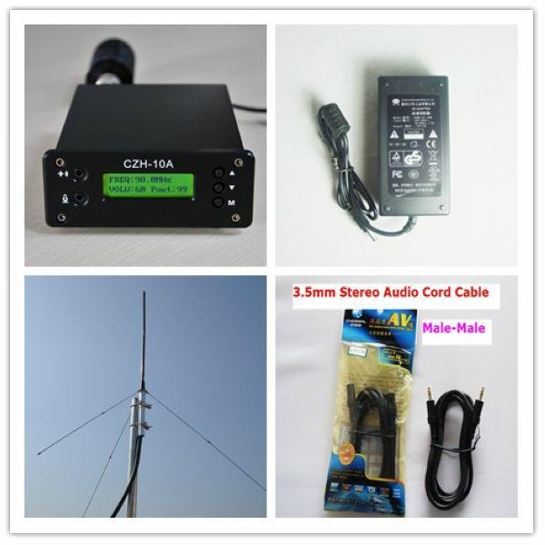 10W Adjustable 87-108MHz stereo Fm transmitter broadcast+1/4 wave antenna+power  2