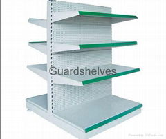 Double sided supermarket shelf with punching backplaned