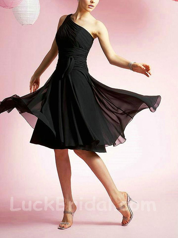 Chic Black One Shoulder Chiffon Prom Dress Knee Length Bridesmaid Dress