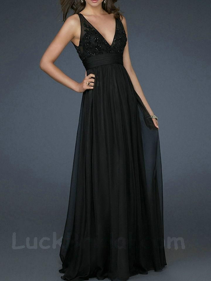 Black A Line Prom Gown Chiffon Floor Length Applique V Neck