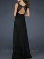 Black A Line Prom Gown Chiffon Floor Length Applique V Neck 2