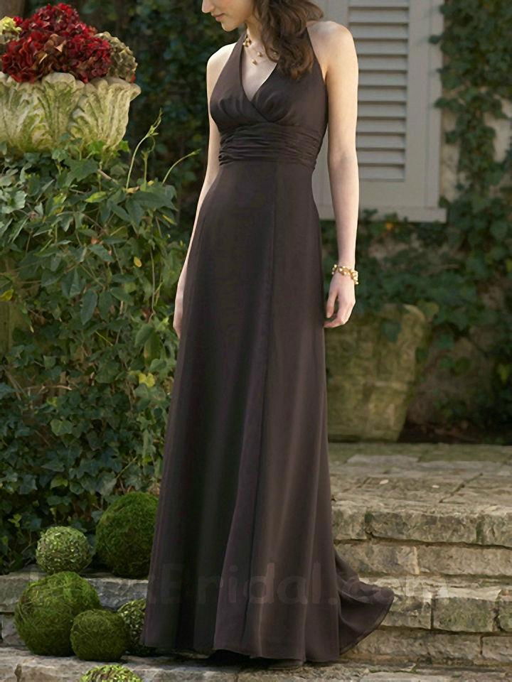 Fitting Brown Chiffon Bridesmaid Dress V Neck Long Bridesmaid Gown