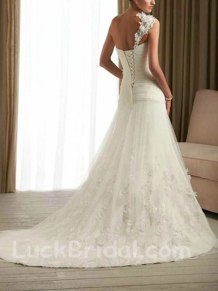 A Line One Shoulder Wedding Dress Appliques Organza Satin Bridal Dress 2