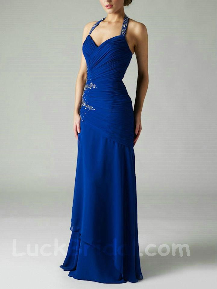 Fetching Dark Royal Blue Sheath Evening Gown Chiffon Halter Applique Evening Dre