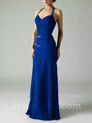 Fetching Dark Royal Blue Sheath Evening Gown Chiffon Halter Applique Evening Dre