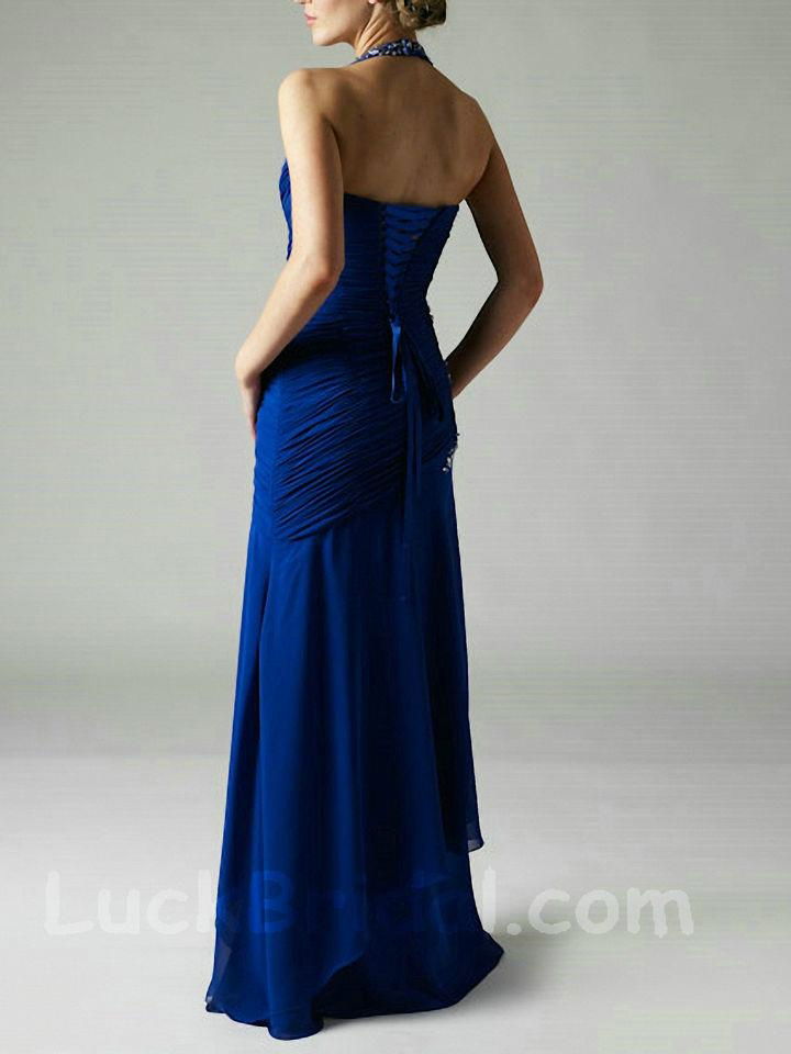 Fetching Dark Royal Blue Sheath Evening Gown Chiffon Halter Applique Evening Dre 3